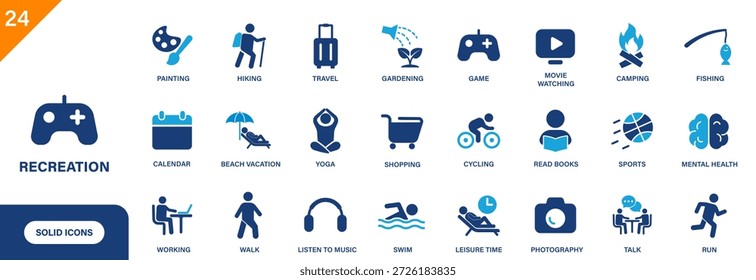 Icono de Ocio. Incluye tiempo libre, juegos, jardinería, viajes, deportes, lectura de libros. Conjunto de iconos de Vector sólido