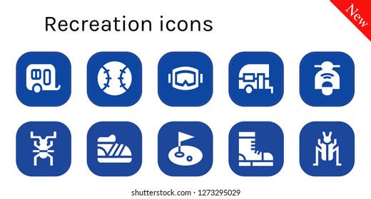  recreation icon set. 10 filled recreation icons. Simple modern icons about  - Caravan, Tennis, Diving mask, Scooter, Cricket, Shoe, Golf, Boots