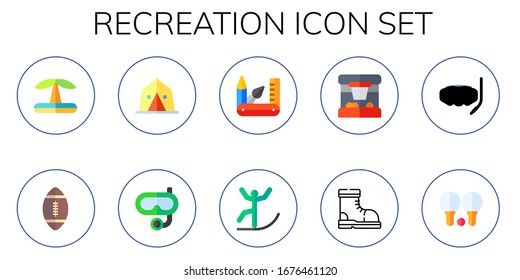 recreation icon set. 10 flat recreation icons.  Simple modern icons such as: swimming pool, american football, camp, snorkel, swiss army knife, skiing, basketball, boot, tennis