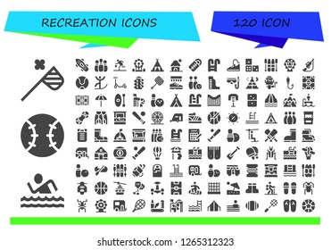  recreation icon set. 120 filled recreation icons. Simple modern icons about  - Butterfly net, Swim, Tennis, Skateboard, Bowling pins, Basketball, Ferris wheel, Tent, Cabin, Sleeping bag