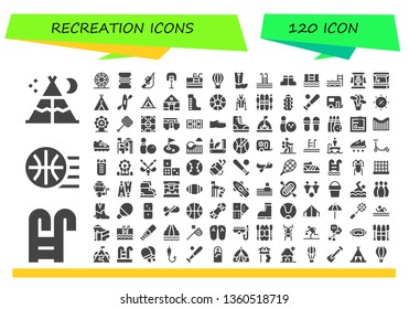recreation icon set. 120 filled recreation icons.  Simple modern icons about  - Tent, Swimming pool, Basketball, Ferris wheel, Fishing line, Hunting, Hot air balloon, Boots, Roller coaster