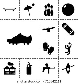 Recreation icon. set of 13 filled recreation icons such as swing, pergola, volleyball player, skate board, soccer trainers, boxing gloves, bowling, umbrella, rowing boat