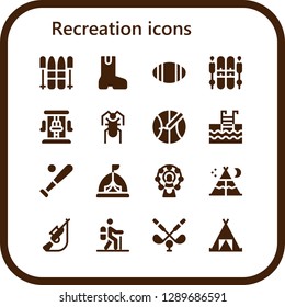  recreation icon set. 16 filled recreation icons. Simple modern icons about  - Ski, Boot, Rugby, Roller coaster, Cricket, Basketball, Swimming pool, Baseball, Tent, Ferris wheel