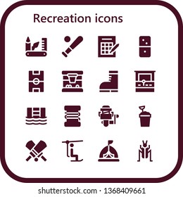 recreation icon set. 16 filled recreation icons.  Simple modern icons about  - Swiss army knife, Baseball, Bingo, Dominoes, Football field, Basketball, Boots, Arcade machine, Swimming pool