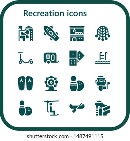 recreation icon set. 16 filled recreation icons.  Simple modern icons about  - Slide, Skateboard, Claw machine, Net, Scooter, Caravan, Domino, Swim, Slippers, Ferris wheel, Bowling