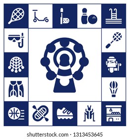 recreation icon set. 17 filled recreation icons.  Simple modern icons about  - Tennis, Diving mask, Net, Ferris wheel, Flippers, Racket, Fishing reel, Hot air balloon, Basketball