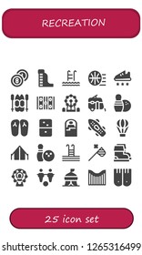  recreation icon set. 25 filled recreation icons. Simple modern icons about  - Billiards, Waterpark, Swim, Basketball, Sport shoe, Ski, Hockey pitch, Ferris wheel, Caravan, Bowling