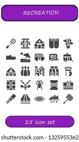 recreation icon set. 25 filled recreation icons.  Collection Of - Racket, Roller coaster, Tent, Flippers, Hot air balloon, Shoes, Beach umbrella, Caravan, Bowling, Slide, Football field