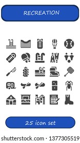 recreation icon set. 25 filled recreation icons.  Simple modern icons about  - Swimming pool, Roller coaster, Sleeping bag, Hot air balloon, Tennis, Table tennis, Flippers, Foosball