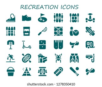  recreation icon set. 30 filled recreation icons. Simple modern icons about  - Sport shoes, Shoes, Golf, Ski, Scooter, Arcade machine, Net, Football field, Bowling, Skateboard