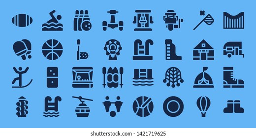 recreation icon set. 32 filled recreation icons. on blue background style Collection Of - Rugby, Table tennis, Skiing, Slide, Swimming, Basketball, Dominoes, Swimming pool, Bowling