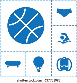 Recreation icon. set of 6 recreation filled icons such as swimming, man swim wear, air balloon, skate, backpack