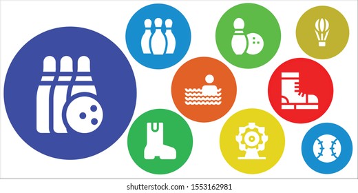 recreation icon set. 9 filled recreation icons.  Simple modern icons about  - Bowling, Boot, Ferris wheel, Swimming pool, Boots, Hot air balloon, Tennis