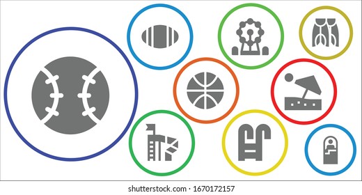 recreation icon set. 9 filled recreation icons. Included Tennis, Rugby, Ferris wheel, Slide, Swimming pool, Basketball, Beach umbrella, Flippers, Sleeping bag icons