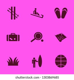 recreation icon set with basketball ball, beach sneakers and man riding sleigh vector illustration