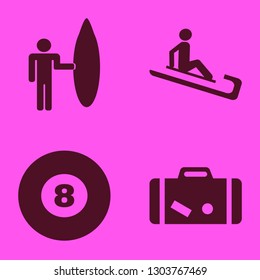 recreation icon set with billiard ball, suitcase and surfer with board vector illustration