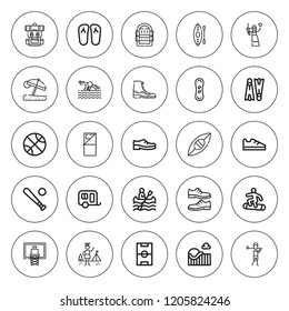 Recreation icon set. collection of 25 outline recreation icons with beach umbrella, baseball, boot, basketball, camping, canoe, caravan, flippers icons. editable icons.