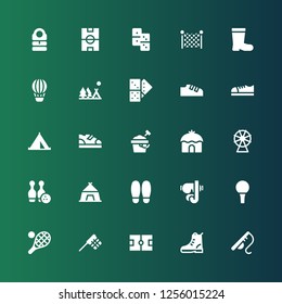 recreation icon set. Collection of 25 filled recreation icons included Fishing rod, Boot, Ice court, Net, Tennis, Golf ball, Diving mask, Shoe, Tent, Bowling, Ferris wheel, Sand bucket