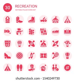 recreation icon set. Collection of 30 filled recreation icons included Sleeping bag, Boots, Boot, Rowing, Circus, Fishing reel, Paintball, Slide, Flipper, Shoes, Flippers, Hot air balloon