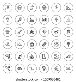 Recreation icon set. collection of 36 outline recreation icons with baseball, boot, boots, basketball, bowling, canoe, caravan, diving mask, domino icons. editable icons.