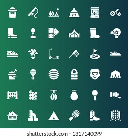 recreation icon set. Collection of 36 filled recreation icons included Slide, Boots, Tennis, Tent, Cabin, Fishing reel, Golf ball, Punching ball, Net, Boxing helmet, Sleeping bag