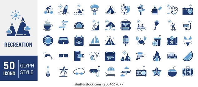 Recreation icon set. Containing hiking, tour, travel, summer, beach, holiday, vacation icons. Solid icon collection.