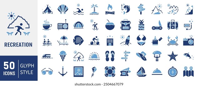 Recreation icon set. Containing hiking, tour, travel, summer, beach, holiday, vacation icons. Solid icon collection.