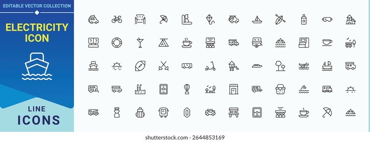 Recreation icon set. Containing travel, entertainment, swimming, picnic, sport, sports and more. Picnic simple icon set. UI icons set in a thin style. Editable stroke. Vector illustration.