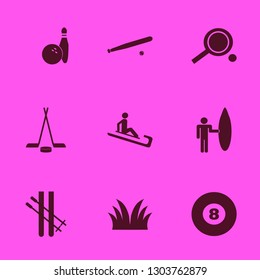 recreation icon set with hockey, man riding sleigh and surfer with board vector illustration