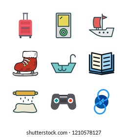 recreation icon set. vector set about ice skate, game controller, ebook and suitcase icons set.