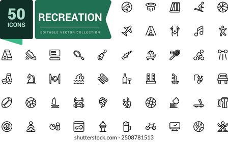 Conjunto de iconos web de Ocio en estilo de línea. Relacionado con el aeropuerto, boletos, tour, relax, hotel. Pixel perfecto, Web minimalista e icono de interfaz de usuario. Colecciones de iconos de esquema.