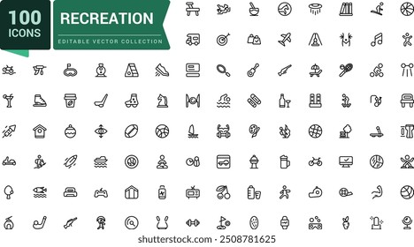 Conjunto de iconos web de Ocio en estilo de línea. Relacionado con el aeropuerto, boletos, tour, relax, hotel. Pixel perfecto, Web minimalista e icono de interfaz de usuario. Colecciones de iconos de esquema.