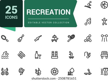 Recreation icon set of web icons in line style. Related to airport, tickets, tour, relax, hotel. Pixel perfect, minimalistic web and UI icon. Outline icon collections.