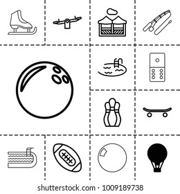 Recreation icons. set of 13 editable outline recreation icons such as air balloon, swing, pool, bowling ball, pergola, skateboard, american football, bowling, domino