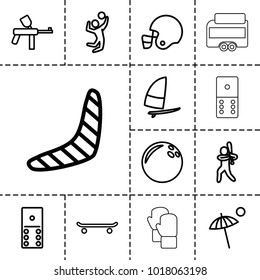 Recreation icons. set of 13 editable outline recreation icons such as boomerang, domino, bowling ball, paintball, skating, baseball player, volleyball player, windsurfing
