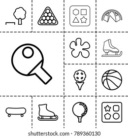 Recreation icons. set of 13 editable outline recreation icons such as from toy for beach, billiards, paintball, skate, golf, tree and bench, ice skating, golf ball, basketball