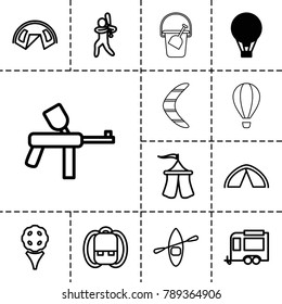 Recreation icons. set of 13 editable outline recreation icons such as air balloon, backpack, paintball, tent, golf, trailer, baseball player, rowing boat, boomerang