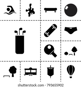 Recreation icons. set of 13 editable filled recreation icons such as tree and bench, trailer, swimming, table tennis, man swim wear, sail, bowling ball, skating, paintball