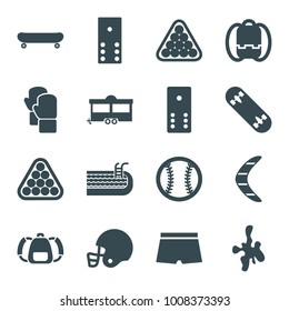 Recreation icons. set of 16 editable filled recreation icons such as billiards, backpack, domino, trailer, skate board, baseball, american football helmet, man swim wear