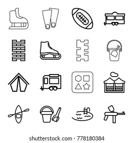 Recreation icons. set of 16 editable outline recreation icons such as bucket toy for beach, pool, paintball, ice skate, domino, tent, trailer, pergola, american football