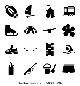 recreation icons set. Set of 16 recreation filled icons such as bucket toy for beach, swing, trailer, tent, swimming, skateboard, windsurfing, trainers, american football