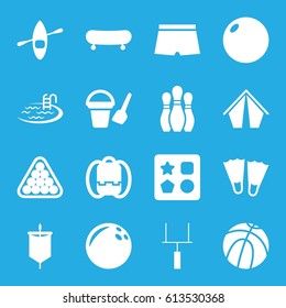Recreation icons set. set of 16 recreation filled icons such as bucket toy for beach, from toy for beach, pool, billiards, goal post, bowling, man swim wear, rowing boat, sail
