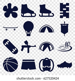 Recreation icons set. set of 16 recreation filled icons such as pool, skateboard, skate board, soccer trainers, basketball, air balloon, man swim wear, tent, sail, paintball