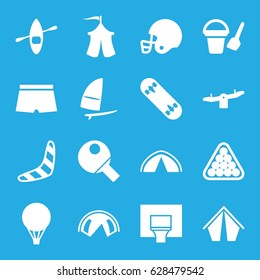 Recreation icons set. set of 16 recreation filled icons such as boomerang, bucket toy for beach, swing, billiards, tent, basketball basket, skate board, windsurfing