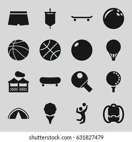 Recreation icons set. set of 16 recreation filled icons such as pergola, volleyball player, golf ball, basketball, table tennis, man swim wear, air balloon, tent, sail