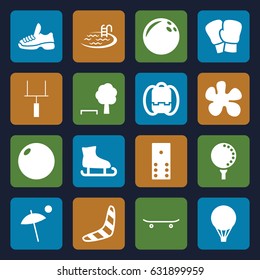 Recreation icons set. set of 16 recreation filled icons such as boomerang, pool, skateboard, goal post, golf ball, trainers, umbrella, air balloon, domino, bowling ball