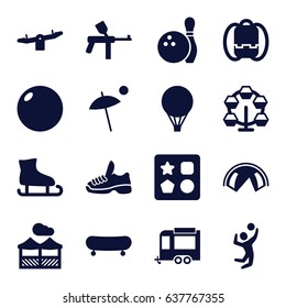 Recreation icons set. set of 16 recreation filled icons such as from toy for beach, swing, trailer, pergola, volleyball player, trainers, bowling, umbrella, air balloon