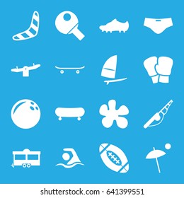 Recreation icons set. set of 16 recreation filled icons such as boomerang, swing, trailer, swimming, skateboard, soccer trainers, windsurfing, american football, table tennis