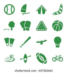 Recreation icons set. set of 16 recreation filled icons such as boomerang, swing, pool, billiards, windsurfing, baseball, baseball bat, american football, rowing boat