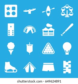 Recreation icons set. set of 16 recreation filled icons such as from toy for beach, swing, billiards, pergola, baseball bat, air balloon, man swim wear, rowing boat, sail